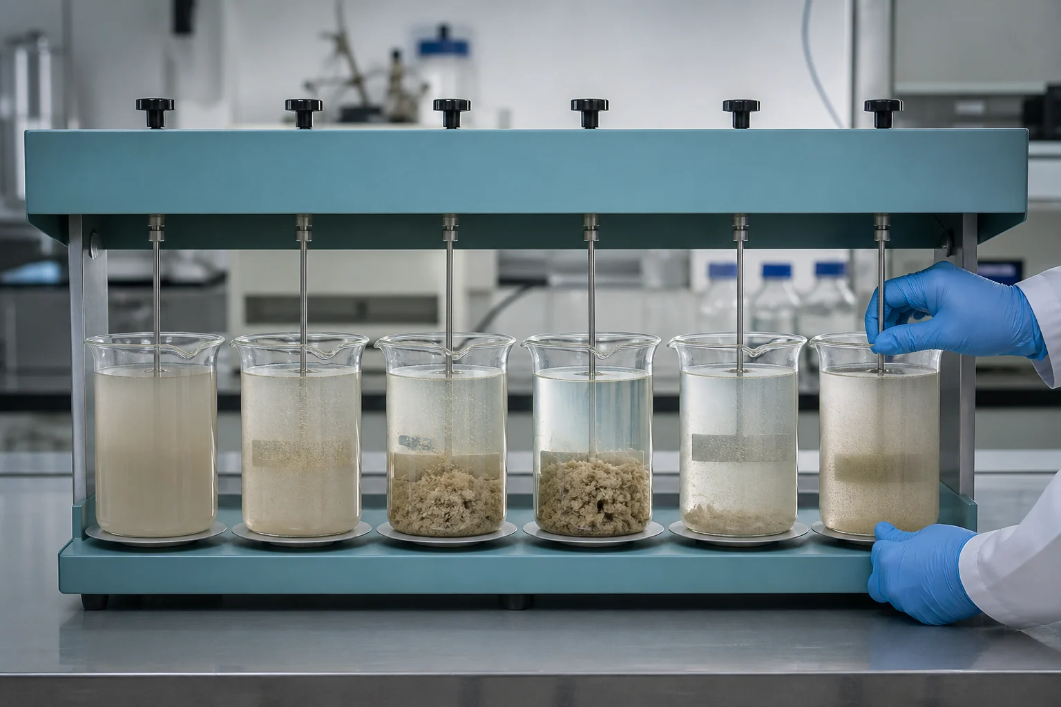 Six-place polyacrylamide flocculant jar test in a water treatment laboratory